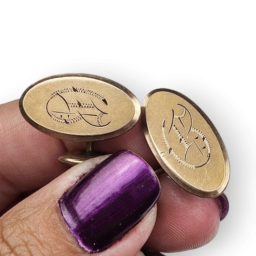 Antique Edwardian Cufflinks G Initial Monogram Gold Fill Oval Bean Back Pebon